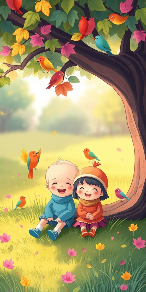 Create a vibrant illustration of two cute cartoon characters sitting on grass under a tree, surrounded by colorful birds and leaves, using a digital art style with soft pastel colors; camera settings: f/8, ISO 100, 1/60s; camera view: wide angle; camera style: digital illustration; camera type: digital tablet.