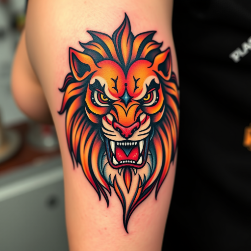 Striking neo-traditional body tattoo of a fierce lion head on the upper arm, executed in bold lines and rich saturated colors with a touch of art nouveau influence