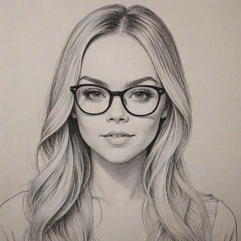 Attractive Danielle Bradbery, pencil sketch, portrait of Sublime woman 1966s in glasses, hair style beatnik, outline, clear lines, fine lines, 8k
