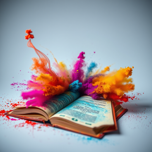 Create an image of an open book with vibrant colored powders exploding around it, shot with a Canon EOS R5, 50mm lens, f/1.8 aperture, ISO 100, in a low light setting with a soft focus background for dramatic effect.