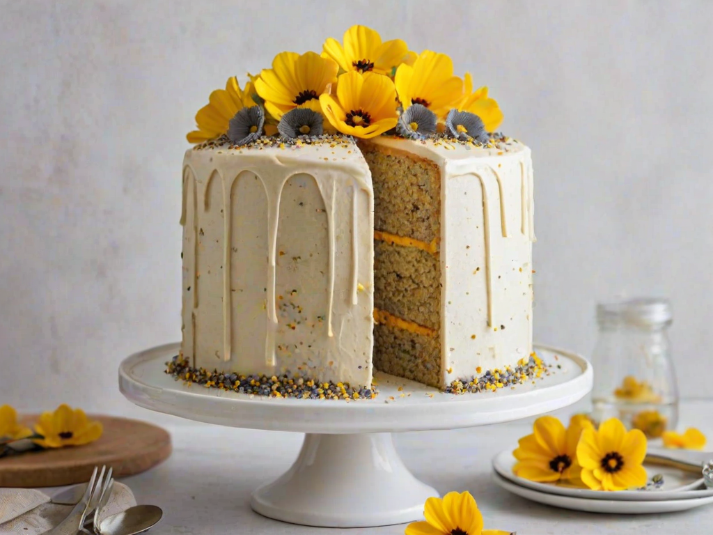 Create an image of a beautifully layered vanilla cake with poppy seeds, topped with a smooth buttercream frosting. Decorate the top with bright yellow edible flowers and a subtle sprinkle of poppy seeds. Show a slice cut out, revealing the layers inside.