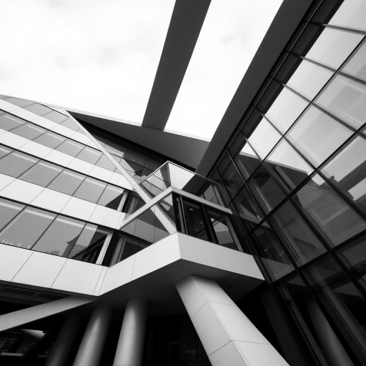 modern architectural design with sharp angles and glass facades, black and white, ISO 100, f/8, 1/250s, wide-angle lens, taken from a low angle to emphasize structure details, DSLR camera