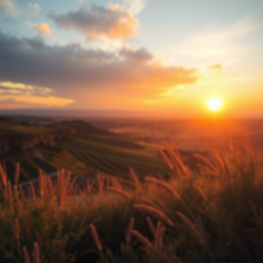 Capture a high-resolution image of a scenic landscape at sunset with a Canon EOS R5, 24mm lens, f/8 aperture, ISO 100, 1/200s shutter speed, wide-angle view, using a soft focus and vibrant colors to enhance the warm tones of the sky.