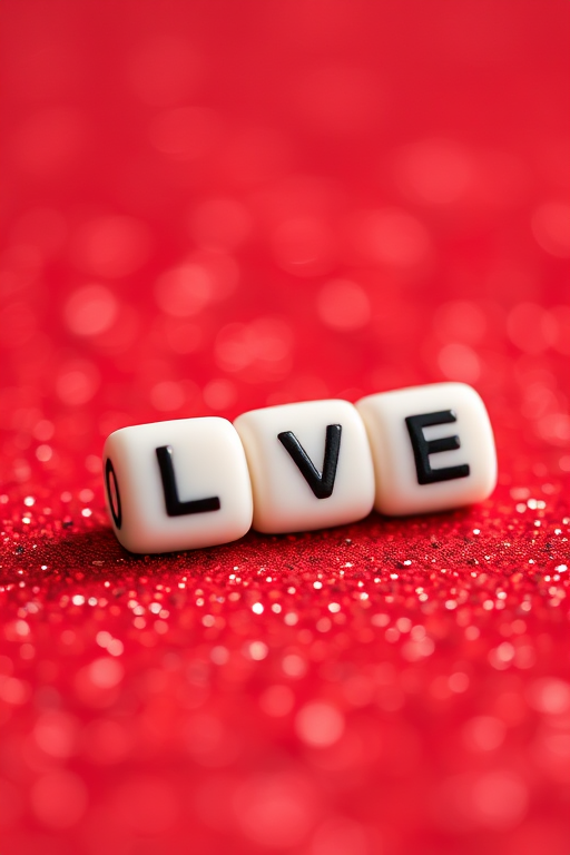 macro shot of white beads with black letters spelling "LOVE" on a glittery red background, aperture f/2.8, shutter speed 1/60s, ISO 100, DSLR camera, shallow depth of field, natural lighting