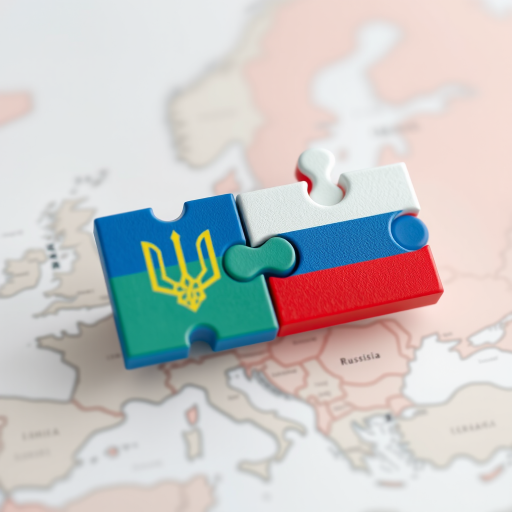 Create a 3D illustration of two puzzle pieces, one in blue and yellow representing Ukraine and the other in red and white representing Russia, placed over a subtle map of Europe, with a soft focus background, using a DSLR camera with a 50mm lens, aperture f/2.8, ISO 100, and a slight tilt-shift effect for depth.