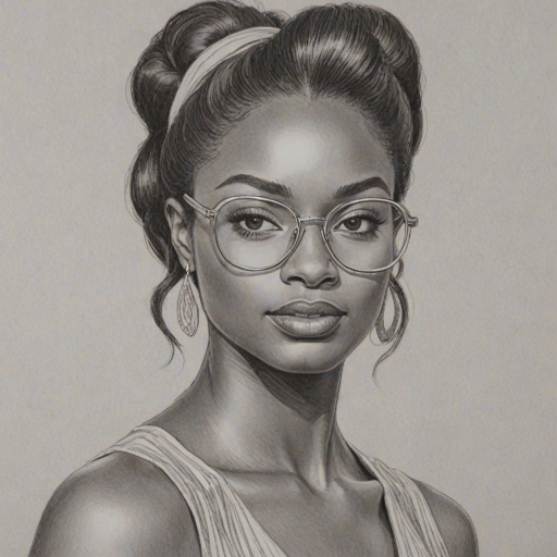 Magnificent Coco Jones, pencil sketch, portrait of Dazzling woman 1968s in glasses, hair style beatnik, outline, clear lines, fine lines, 8k