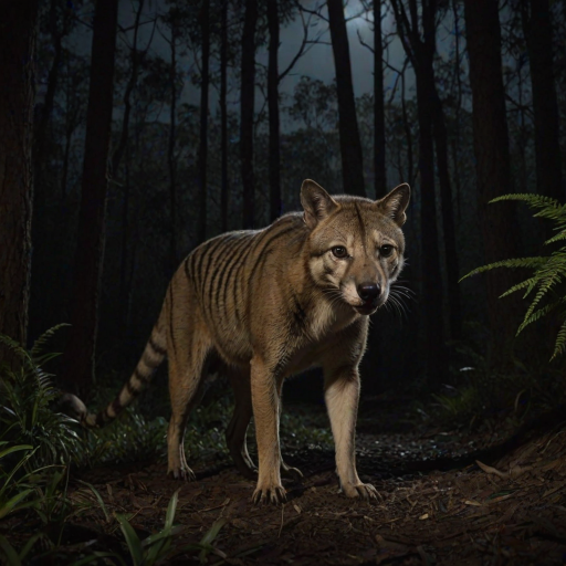 A Thylacine in a  dark forest at night.