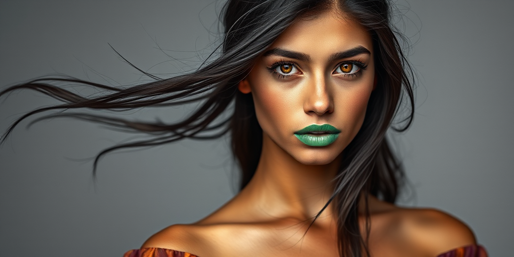Photographic image of a beautiful young Aztec woman, orange eyes, lips with green lipstick, long hair fluttering in the wind and wearing a silk strapless dress with a soft purple and orange print. monochrome image with only color highlights in the iris of the eyes, lipstick and dress. Gray background.