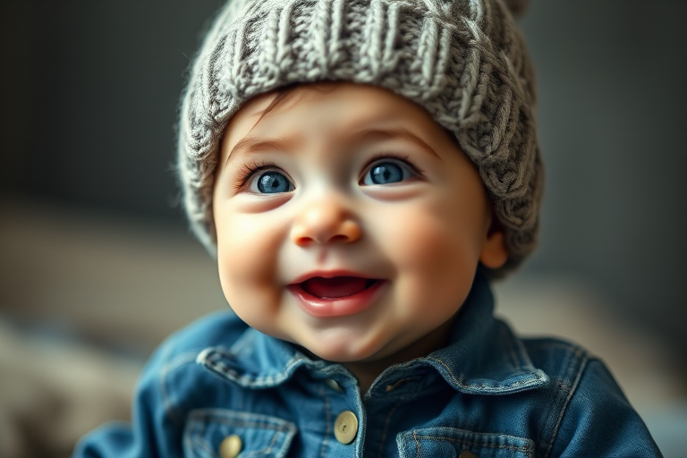 Capture a portrait of a baby wearing a stylish knitted hat and denim outfit, with soft natural lighting, focal length of 50mm, aperture set to f/1.8 for a shallow depth of field, shot at eye level using a DSLR camera with a standard view, emphasizing the baby's expressive eyes and joyful expression.