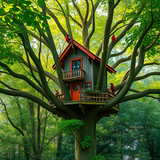 A whimsical treehouse nestled among lush green trees in a vibrant forest, colorful birds perched throughout, soft sunlight filtering through leaves, taken with a Canon EOS R, 35mm lens, f/2.8, ISO 200, aperture priority mode, vibrant color profile.