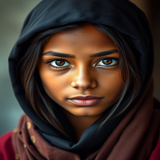Create a portrait of a young Sri Lankan woman with long, dark hair and captivating hazel eyes. She is wearing a dark headscarf and a matching scarf draped gracefully around her neck. The background is softly blurred, focusing attention on her serene and natural expression. The overall color palette is muted and warm, enhancing the intimate and authentic feel of the portrait.