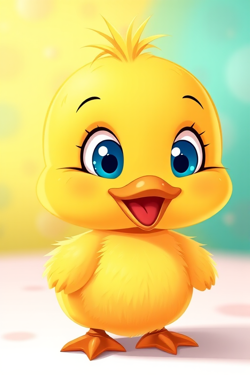 Create a vibrant cartoon-style illustration of a happy yellow duckling with big blue eyes, featuring a soft, rounded body and fluffy feathers, shot with a Canon EOS 5D Mark IV, 50mm lens, f/2.8 aperture, 1/200s shutter speed, in a bright, colorful environment.