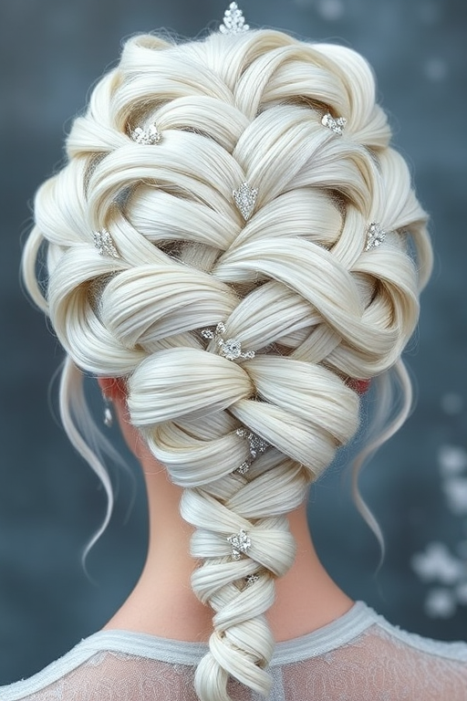 Silvery-white hair styled in an elaborate updo with intricate braids and twists forms the regal "Ice Queen's Crown" look, incorporating delicate crystal and diamond accessories woven throughout the textured style, creating a majestic and frost-inspired appearance fit for royalty
