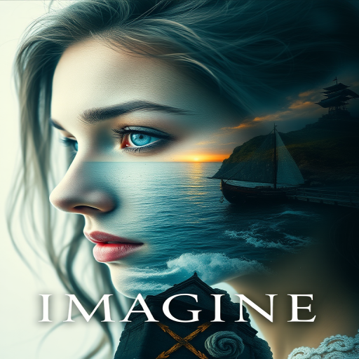 imagine Book cover, A surreal double exposure portrait that blends a woman's face with a beautiful seascape. The overall mood is dreamy and mystical, with rich colors and intricate details