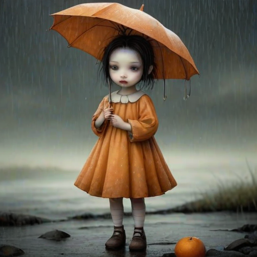 An eerie, weird little girl with dark hair in thin pigtails, wearing a smock dress, standing in the rain, holding a dirty orange umbrella, a small, odd creature beside her. In a surreal style inspired by Nicoletta Ceccoli and Brian Froud. Dark fantasy themes