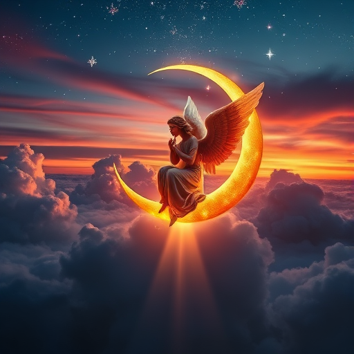 Create a high-resolution image of a celestial angel sitting on a crescent moon, surrounded by vibrant clouds and stars, using a DSLR camera with a 50mm lens, f/1.8 aperture, ISO 200, and a sunset lighting style to enhance color saturation and depth.