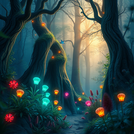 highly detailed illustration of a mystical forest with luminous plants, soft focus, vibrant colors, HDR, ISO 200, f/2.8, 1/60s, wide-angle lens, DSLR camera, daylight setting