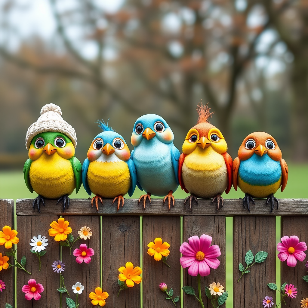 create a scene of 4 quirky  whimsical colourful comical birds each with a funny expression. they are sat on a wooden fence with colourful flowers. they are all different sizes. each one is a different colour  one is wearing a woolly hat. Each one has a different quirky google expression and there is a muted background of trees watercolour paintierly style high definition 8k resolution 3D paper mache