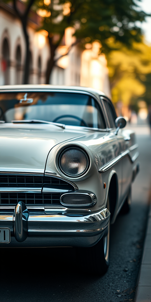 classic car parked on a street under soft natural lighting, taken with a DSLR camera, 50mm lens, f/2.8 aperture, ISO 100, and a shallow depth of field for background blur.