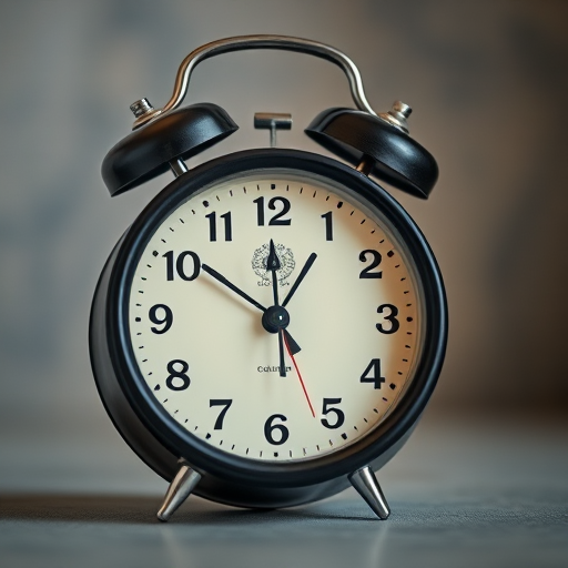 Create an image of a vintage black alarm clock with a cream-colored face, set against a soft-focus background, shot with a DSLR camera at f/2.8 aperture, ISO 100, 50mm lens, and natural lighting for enhanced clarity and depth.