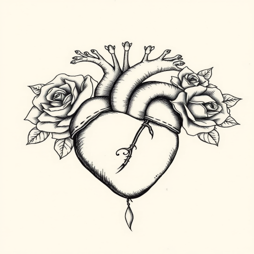 Vintage etching-style tattoo showcasing a detailed anatomical heart intertwined with blooming roses, rendered in fine line work and subtle shading for a timeless monochromatic piece
