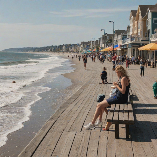 Busy boardwalk by the beach, families and tourists strolling along, a woman sits on a bench, eating ice cream and watching the waves crash against the shore.