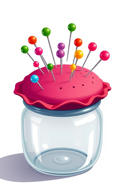 Create a high-resolution illustration of a pincushion with multiple colorful pins sticking out, featuring a glossy glass jar with a wavy rim, using a DSLR camera with a 50mm lens, f/2.8 aperture, 1/125 shutter speed, and natural light.