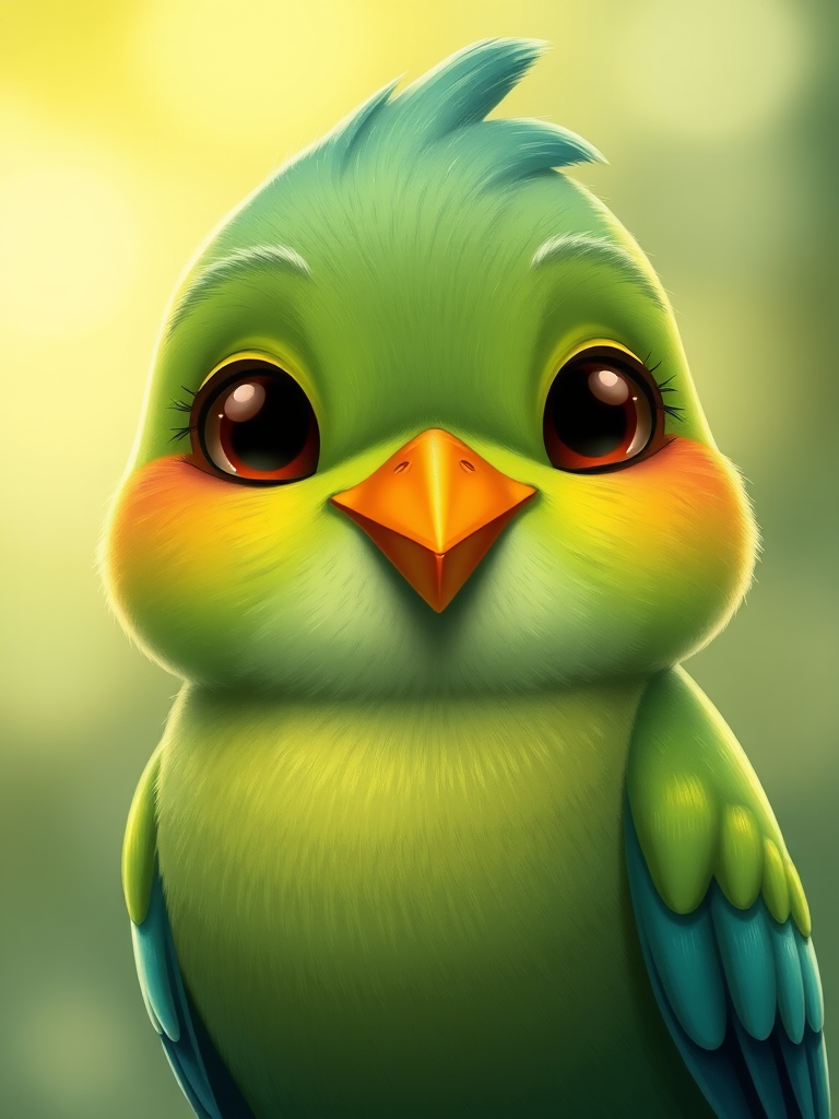 create a highly detailed digital illustration of a whimsical green bird with a cheerful expression, featuring a smooth texture and vibrant colors, using a Canon EOS R5 camera with a 50mm lens at f/1.8, ISO 100, and a soft focus background for enhanced depth and clarity.