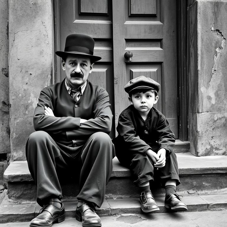 A black-and-white photograph of a man and a child sitting on steps in front of a doorway. The man is dressed as a tramp with a bowler hat, mustache, and ragged clothes, reminiscent of Charlie Chaplin's iconic look. He is sitting with his arms crossed and an expression of slight sadness or frustration. Next to him is a young boy, also in worn clothes and a cap, sitting with his hands clasped, looking thoughtful. The background is an old, textured wall and a partially open door, creating a vintage, early 20th-century atmosphere.