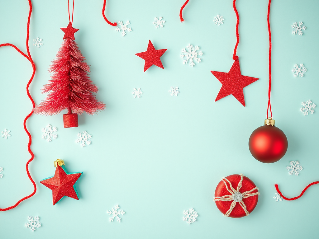 create a festive winter scene with a light teal background featuring red Christmas decorations including a tree, star, and round ornament, add white snowflakes scattered throughout, photograph with a DSLR camera, 50mm lens, f/2.8 aperture, ISO 100, soft focus for a dreamy background effect