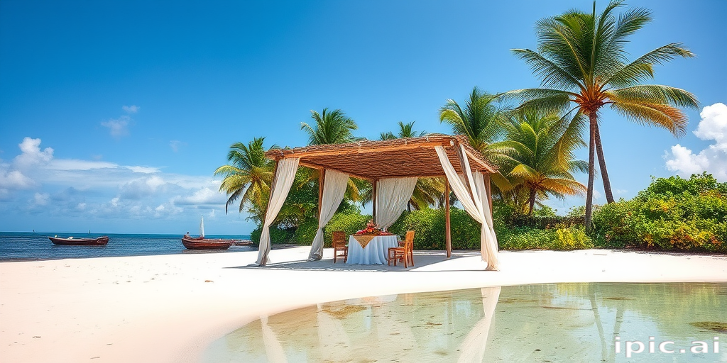 Create a picturesque tropical beach scene featuring a serene, white sandy shore. In the foreground, there's a rustic wooden canopy with white drapes gently flowing in the breeze. Underneath the canopy, a table is set with tropical decor, evoking a sense of relaxation and leisure. The beach extends into a calm, shallow water area with reflections of the sky and surroundings. Palm trees and lush greenery line the edge of the beach, providing a natural, tropical backdrop. The sky is clear with a few scattered clouds, and the overall atmosphere is tranquil and inviting, perfect for a peaceful retreat.