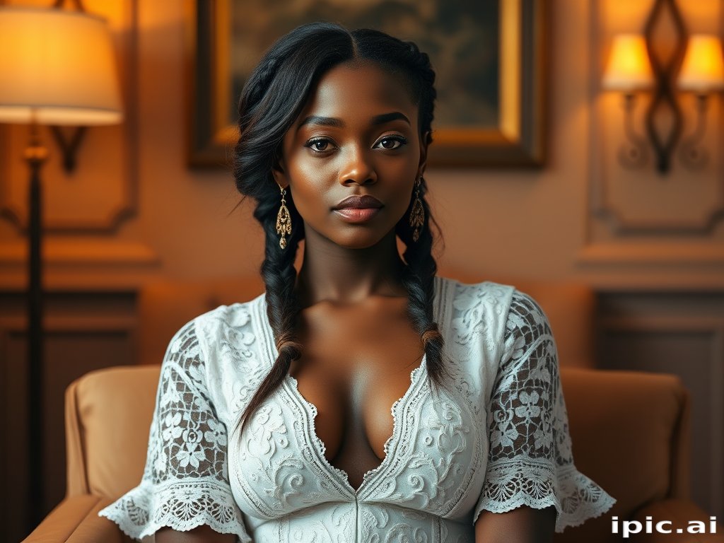 Create a portrait of a refined and elegant woman seated in a sophisticated setting. She has long, wavy hair styled in two thick braids that are pulled over her shoulders. She wears a white, lace gown with intricate patterns, featuring a deep V-neckline and short sleeves. The dress exudes a vintage charm with its delicate lacework. She is adorned with ornate, dangling earrings that add a touch of glamour to her appearance. The background is softly lit, with warm, ambient lighting that creates a cozy and inviting atmosphere. Her expression is poised and serene, capturing a sense of grace and elegance.