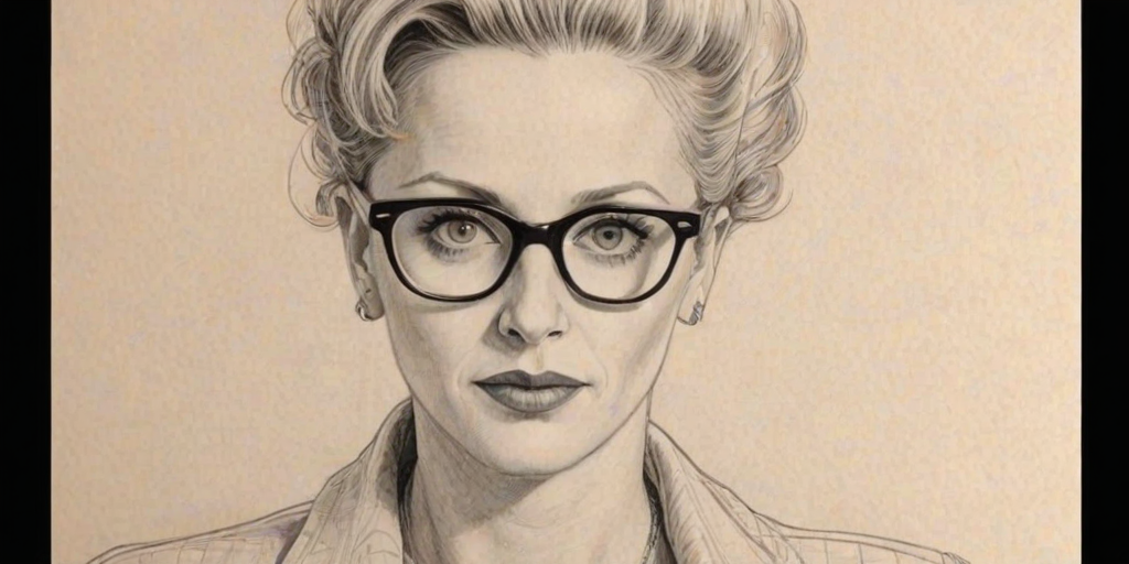 Fetching Lori Petty, pencil sketch, portrait of Comely woman 1954s in glasses, hair style beatnik, outline, clear lines, fine lines, 8k