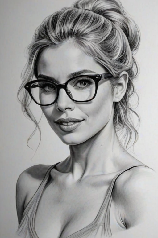 Bewitching Elsa Pataky, pencil sketch, portrait of Beauteous woman 1969s in glasses, hair style beatnik, outline, clear lines, fine lines, 8k
