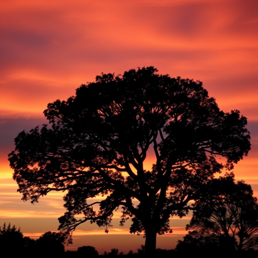 Create a high-quality image of a silhouette of a tree against a sunset background with vibrant colors; use a DSLR camera, aperture f/8, ISO 100, shutter speed 1/200s, shot in landscape orientation, with a focus on depth and contrast.