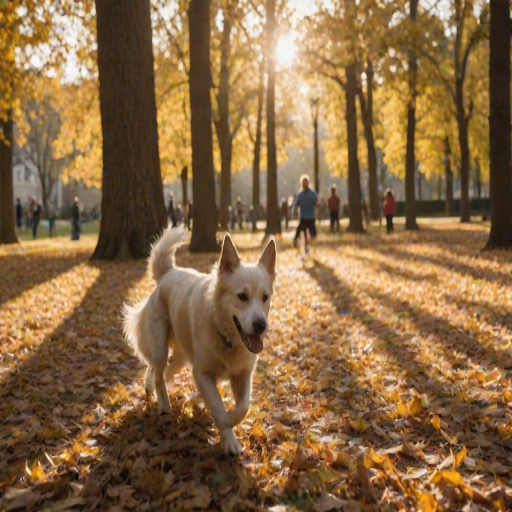 Blurry action shot of a dog chasing a ball through a sunlit park, soft golden light filtering through the trees, with children playing in the background and leaves softly rustling in the breeze.