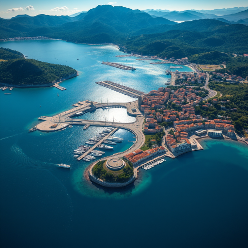 Create a hyper-realistic aerial view of a coastal city surrounded by mountains, showcasing a vibrant harbor filled with boats, lush greenery, and clear blue water, sunlight reflecting off the surface, using a DSLR camera with a 24mm lens, aperture set to f/11, ISO 100, and a high dynamic range setting to enhance detail and color vibrancy.