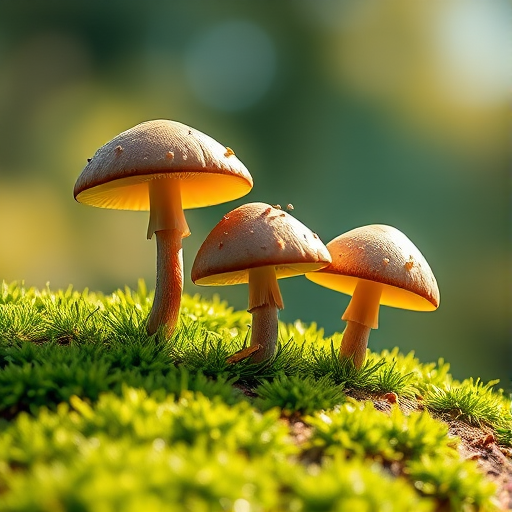 Generate a 3D illustration of three mushrooms on a grassy hill with soft lighting and shadows, using a Canon EOS 5D Mark IV, 50mm lens, aperture f/2.8, ISO 100, and a depth of field that enhances the textures of the mushrooms.