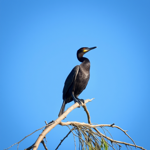 A cormorant perched on a branch against a clear blue sky, captured with a Canon EOS 5D Mark IV, 400mm lens, f/5.6 aperture, ISO 200, 1/1000s shutter speed, shot in natural light from a low angle for enhanced detail and clarity.
