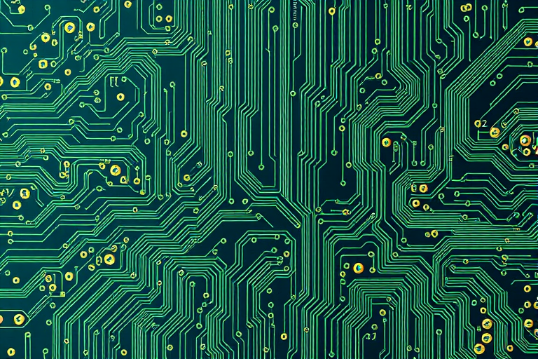 create a high-resolution image of a complex electronic circuit board diagram with intricate lines and symbols, ensuring a vibrant turquoise and green color gradient, captured with a Canon EOS R5, 24mm lens, f/8 aperture, ISO 100, shooting in landscape orientation with natural lighting for enhanced clarity and detail