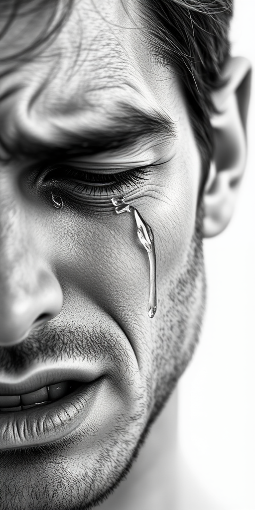 Regenerate a hyper-realistic black and white drawing of a man crying, capturing strong emotions with tears streaming down his face, shot with a 50mm lens at f/1.8 for shallow depth of field, using a full-frame DSLR camera in soft natural light for increased detail and contrast.