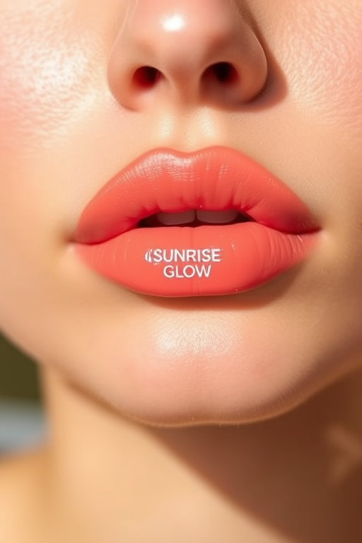 Sheer coral lips with a dewy finish, called "Sunrise Glow," feature a fresh, youthful look with a hint of natural-looking color and hydrated sheen