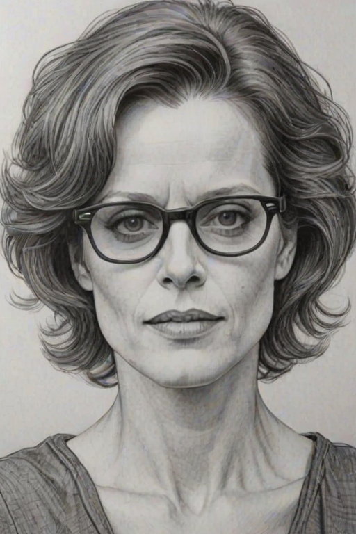 Captivating Sigourney Weaver, pencil sketch, portrait of Magnificent woman 1976s in glasses, hair style beatnik, outline, clear lines, fine lines, 8k
