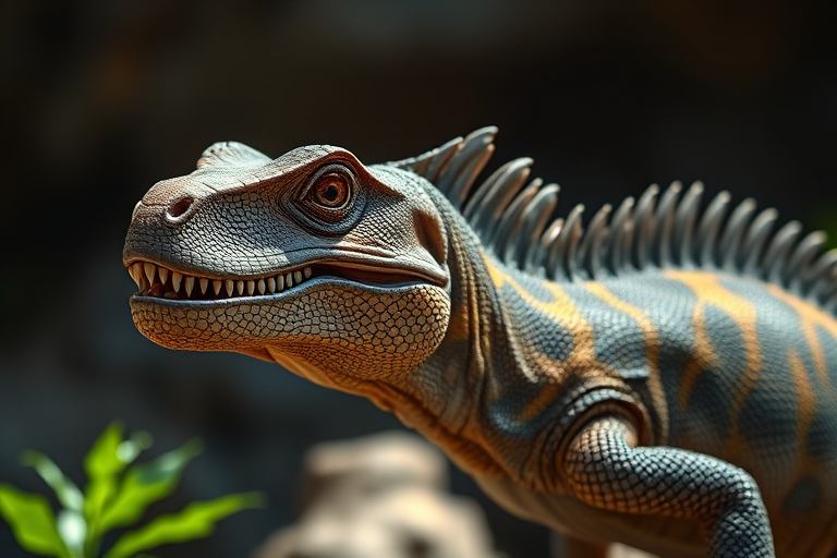 Generate an image of a lifelike prehistoric reptile with detailed textures and realistic colors, captured with a Canon EOS 5D Mark IV at f/2.8, shutter speed 1/250s, ISO 100, 50mm lens, in a side view with soft natural lighting for enhanced depth and richness.