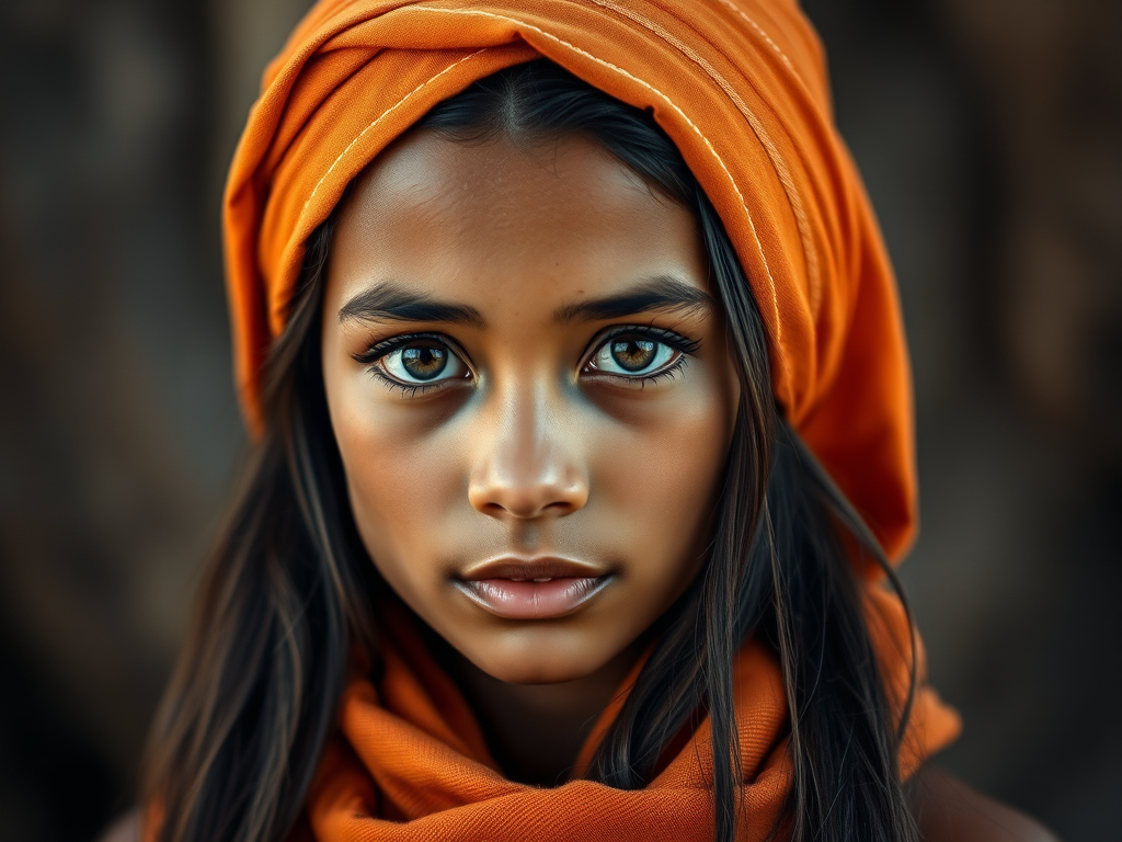 Create a portrait of a young Taino female with long, dark hair and captivating hazel eyes. She is wearing a orange headscarf and a matching scarf draped gracefully around her neck. The background is softly blurred, focusing attention on her serene and natural expression. The overall color palette is muted and warm, enhancing the intimate and authentic feel of the portrait.
