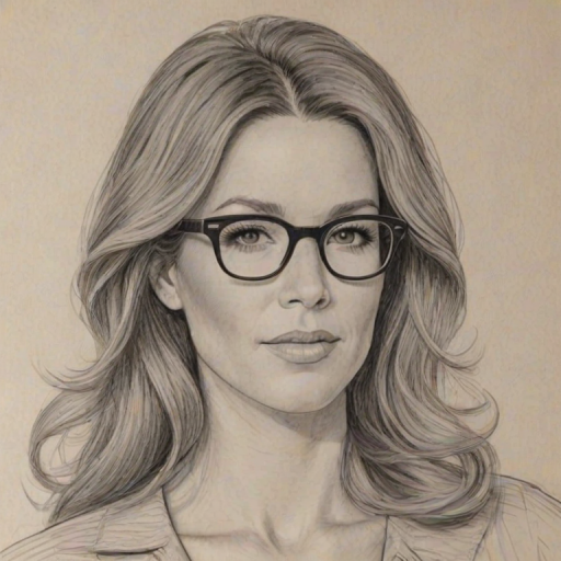 Fascinating Poppy Montgomery, pencil sketch, portrait of Charming woman 1959s in glasses, hair style beatnik, outline, clear lines, fine lines, 8k