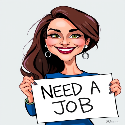 caricature of a smiling Olivia Wilde in a Sapphire dress or suit, holding up a sign that says "NEED A JOB", no watermark,