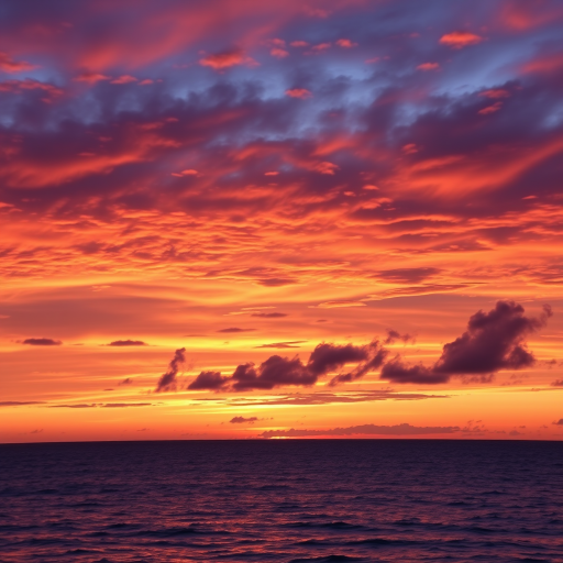 Create an image of a majestic sunset over a calm ocean with vibrant orange and purple hues in the sky, captured from a low angle using a DSLR camera at f/8 aperture, 1/200 sec shutter speed, ISO 100, wide-angle lens, in high dynamic range for enhanced detail and clarity.