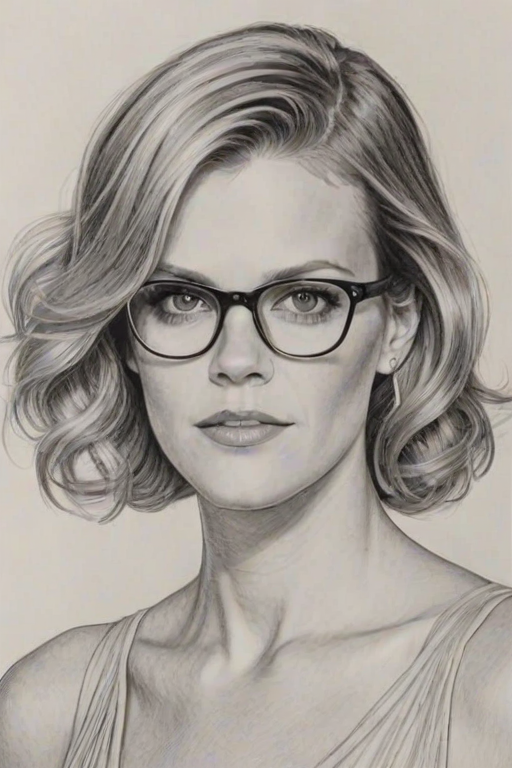 Stunning Brooklyn Decker, pencil sketch, portrait of Fetching woman 1920s in glasses, hair style beatnik, outline, clear lines, fine lines, 8k