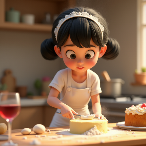 A Pixar-style CGI girl with black hair and black eyes wearing a white apron with lace stands in a kitchen and kneads cake batter. There is flour dust in the air, a glass of wine on the table and the cake ingredients are scattered around. 3D, with "ipic ai" at the back